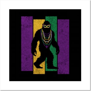 Mardi Gras Bigfoot Sasquatch Funny Cryptid Creature with Fleur-de-Lis, Mask, and Beads Posters and Art